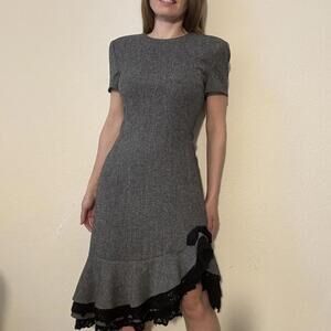Rena Lange Grey tweed dress w black lace trim & bow Sz 10 USA or M